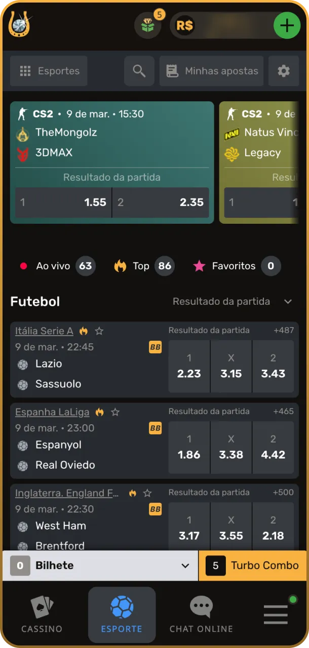 Explore os mercados disponíveis com seu bônus no App Play Fortuna.
