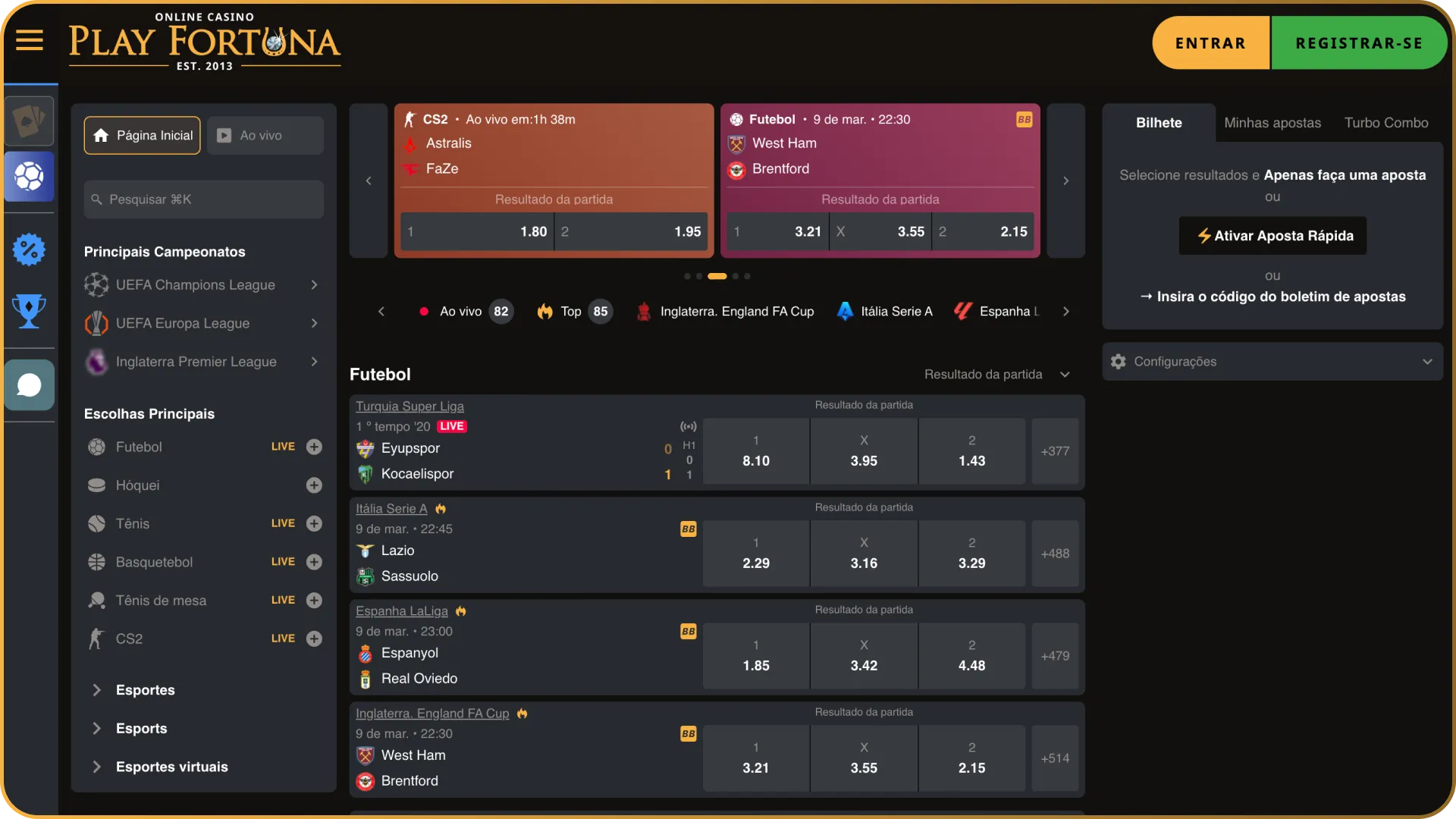 Faça suas apostas em esporte pela página main da Play Fortuna.